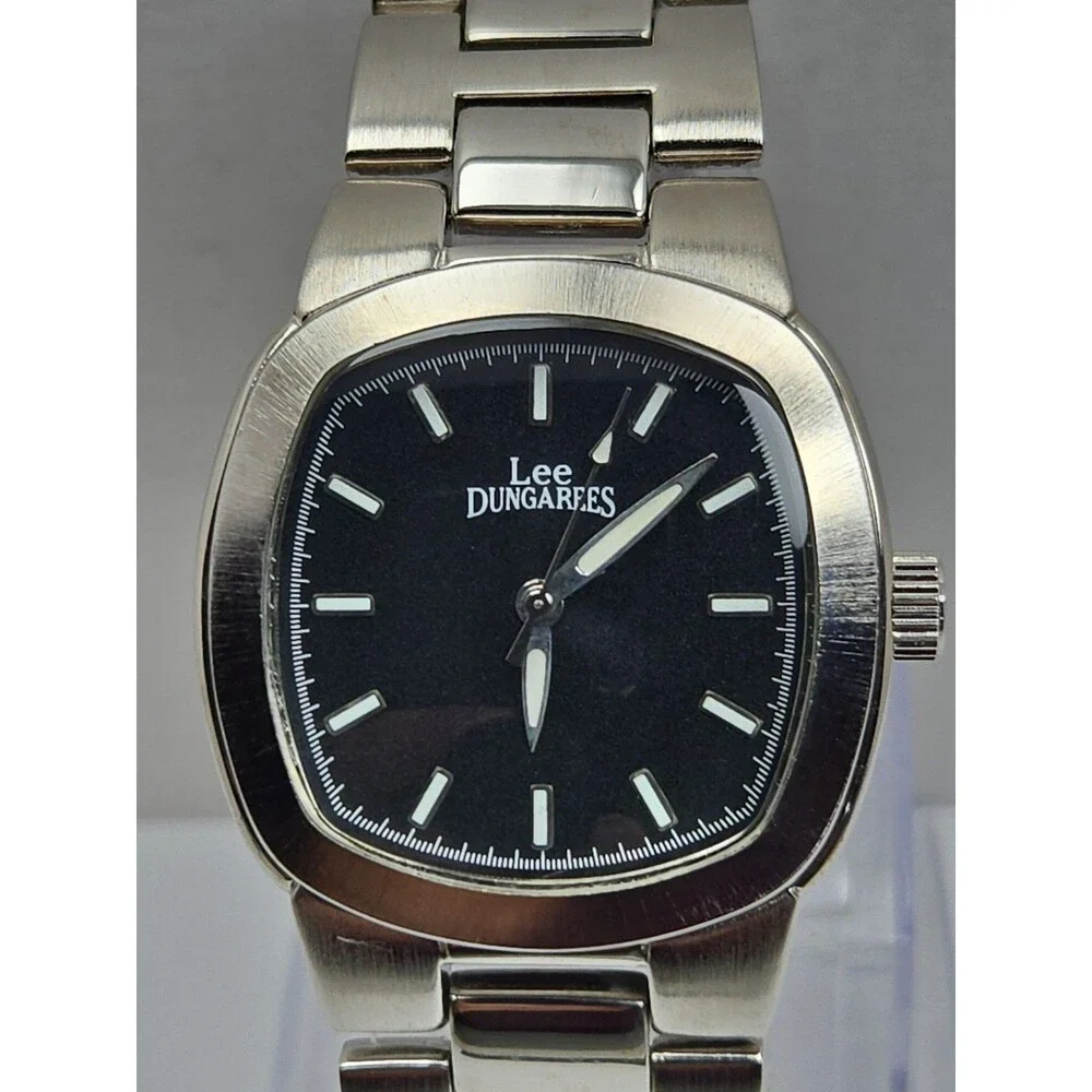 Vintage Lee Dungarees Mens Black Cushion Dial Silver Bracelet Quartz New Battery